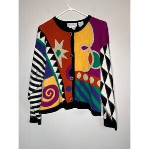 80s Shannan Wool Angora Metallic Rainbow Maximalist Art To Wear Clown Cardigan L